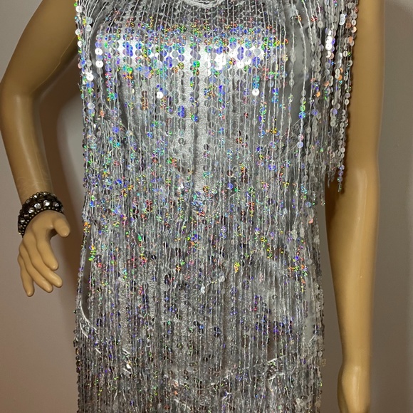 Vintage gatsby silver iridescent sequin fringe mini dress with sequin v neck! - Picture 4 of 15